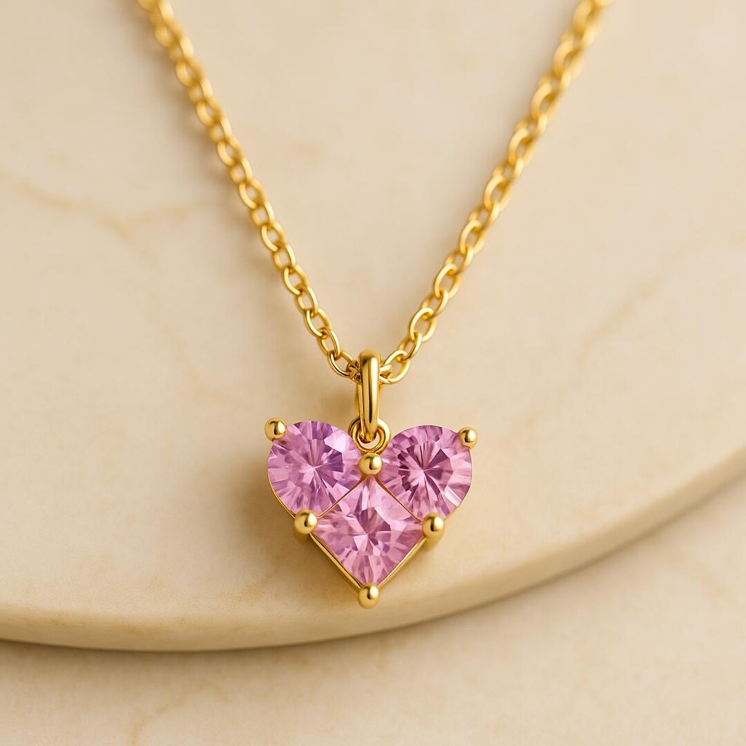 Pink Zircon Heart Necklace: 14K Gold Plated Sterling Silver Pendant - Etsy