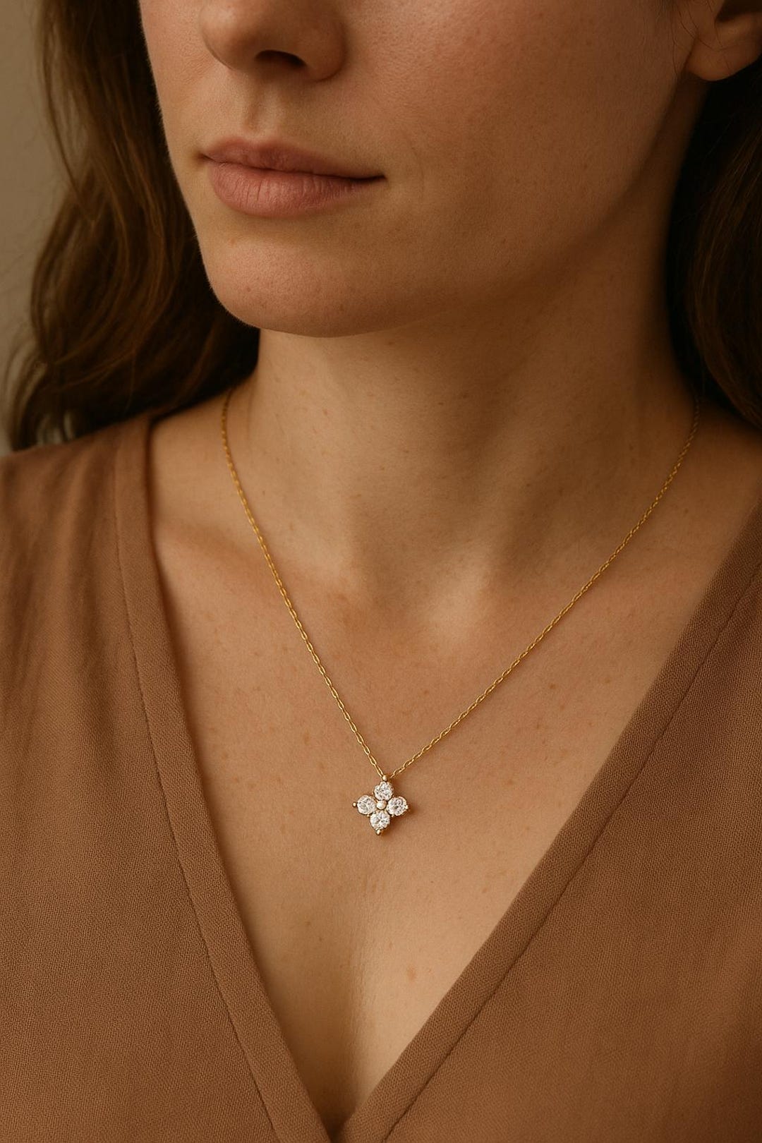 14Kゴールドクローバーネックレス：スターリングシルバーキュービック