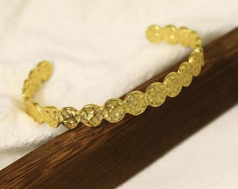 Hammered Disc Cuff Bracelet: 18K Gold PVD Plated Stainless Steel Boho Stacking Bangle