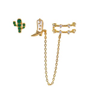 Cowgirl Boot Cactus Ear Cuff Set, 14k Gold Plated Sterling Silver Western Earrings with Chain, Mismatched Statement Jewelry, Clearance Sale