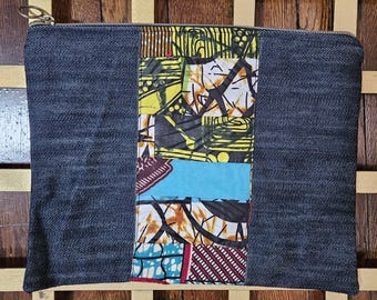 Jola House Denim Cosmetic with African Fabric, Handmade in Liberia