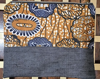 Jola House Denim Cosmetic with African Fabric, Handmade in Liberia