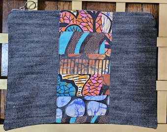 Jola House Denim Cosmetic with African Fabric, Handmade in Liberia