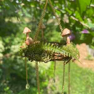 Mini Fairy Chandelier with Moss, Mushrooms, and Crystal Beads