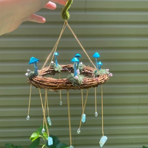 Small Fairy Chandelier with Moss, Mushrooms, and Crystal Beads
