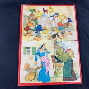 Vintage houten puzzel om 2 verschillende puzzels te maken &quot;sneeuwwitje en de 7 dwergen&quot;