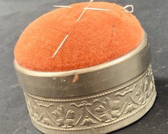 Antique sewing box with pins, lid and cushion - pewter colored