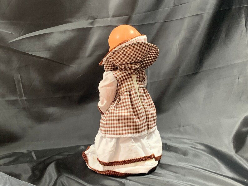 May include: A brown and white gingham dress with a white lace trim and a white collar. The dress has a zipper down the back and a brown hat with a white trim.