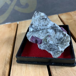 Op de afbeelding: Een ruw edelsteenexemplaar, voornamelijk grijs en wit, met zwarte vlekken en zichtbare rozerode robijnkristallen. De steen wordt gepresenteerd in een zwarte vitrine met een rode fluwelen binnenkant, op een houten oppervlak.