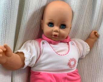 Unplayed large vintage rubber baby doll 24 inch with cloth body and sleeping eyes in mint condition /Lifelike baby doll/ UNICA Kortrijk
