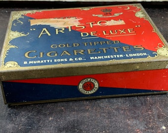 Rectangular red- blue cigarette tin, hinged lid, can cigarettes ariston de luxe