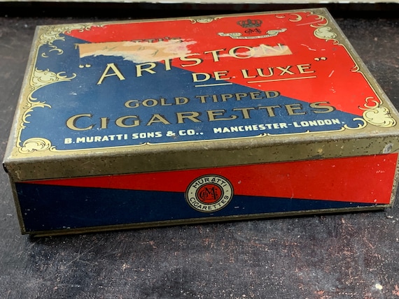 Rectangular Red-blue Cigarette Tin, Hinged Lid, Ariston De Luxe Cigarettes  Tin