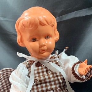 May include: A vintage plastic doll with brown eyes, wearing a white blouse and a brown and white gingham dress.