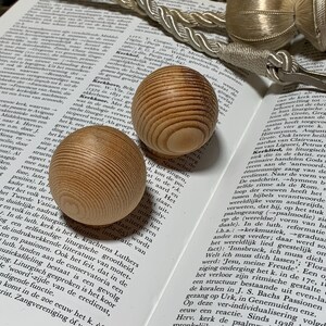 Pode incluir: Dois objetos de madeira em forma de ovo com grão de madeira visível estão em um livro aberto. Os objetos são castanhos claros e têm uma forma lisa e arredondada. Um cordão decorativo é visível no fundo.