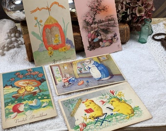 Antique Greeting Cards - 5 Easter Cards - handwritten cards - old cards from the 1940s - 5 pieces - stamped - Easter