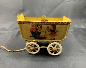 Göso - Alemanha - Carrinho de bebê antigo de estanho, Brinquedos de boneca de estanho - carrinho de bebê - Decoração para bonecas