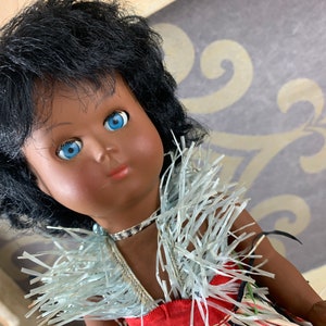 Sweet black doll with sleeping eyes - celluloid doll - arms and head connected with elastic bands - Black celluloid doll - Original dress