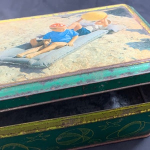 Vintage tin box - tin hinged box - children playing on the beach - C