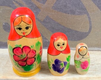 Vintage Russian Wooden Matryoshka Dolls - Set of 3