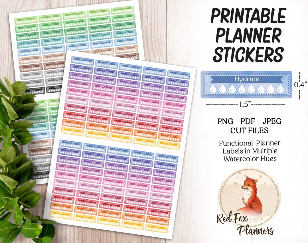 HYDRATE Planner Stickers, 1.5" X .4", Printable Labels, Digital Instant ...