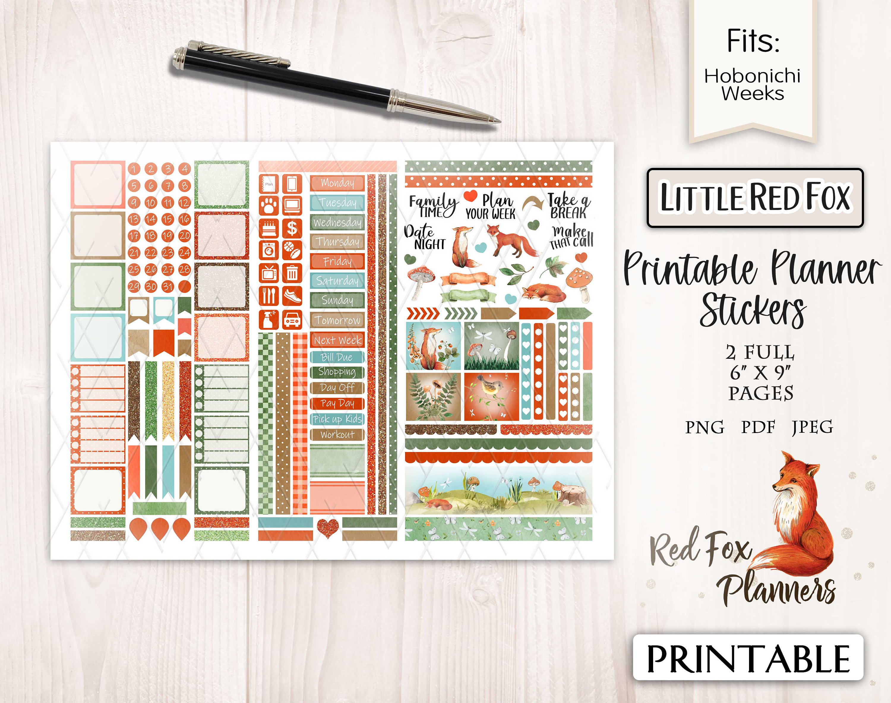 LITTLE RED FOX Hobonichi Weeks Printable Planner Sticker Kit , Foxes ...