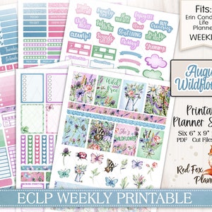 May include: Printable planner stickers featuring watercolor wildflowers in shades of blue, pink, and green. The stickers are designed for Erin Condren Life Planners and are available in six 6x9 inch pages. The stickers are labeled "August Wildflowers" and include phrases like "Wild and Free" and "She's a Wildflower".