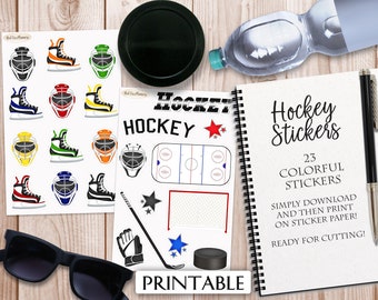 Adesivos de HÓQUEI, 23 adesivos digitais para impressão, download instantâneo, diário de planejamento estacionário, decalque, disco de hóquei, pista, patins de gelo, patinação