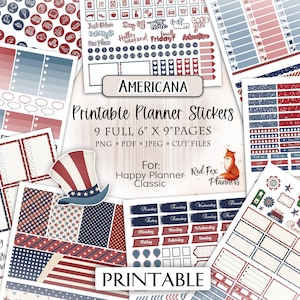 AMERICANA Happy Planner Printable Planner Sticker Kit, 4 juillet, Independence Day, vintage America, USA, Patriotic, Red White Blue, Flag