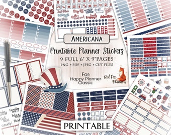 Pode incluir: Adesivos imprimíveis para planejadores com um tema americano vermelho, branco e azul. Os adesivos apresentam estrelas, listras e uma variedade de designs, incluindo um chapéu-coco vermelho, branco e azul. Os adesivos são projetados para uso com Happy Planner Classic.