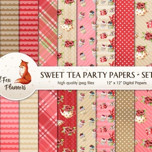 SWEET TEA PARTY Set #2 Digital Paper Pack, 20 Quantité, saint-valentin, théière, roses, cupcakes, gâteaux, café, épices, rouge &rose, mariage
