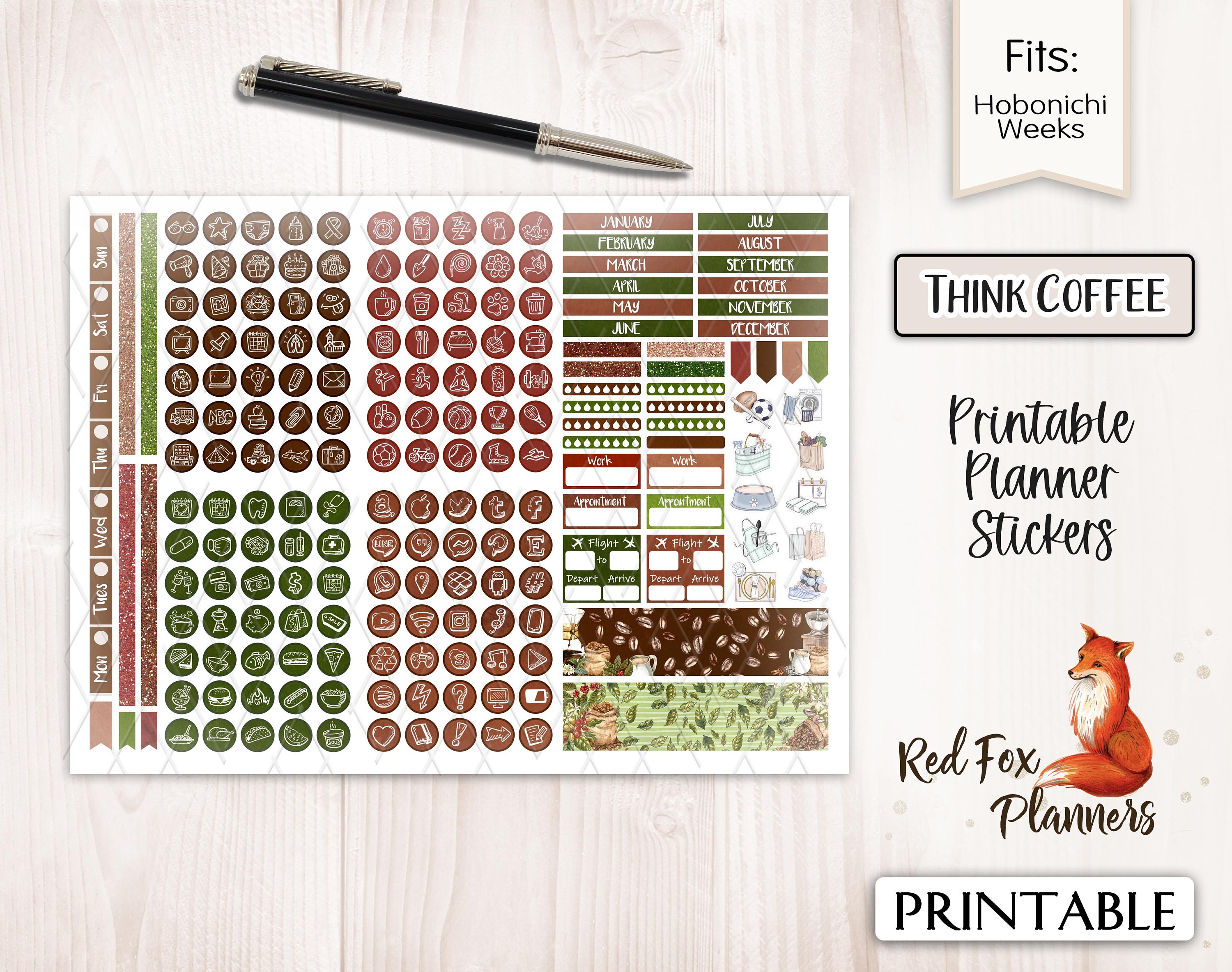 THINK COFFEE Hobonichi Weeks Printable Planner Sticker Kit, Cappuccino ...
