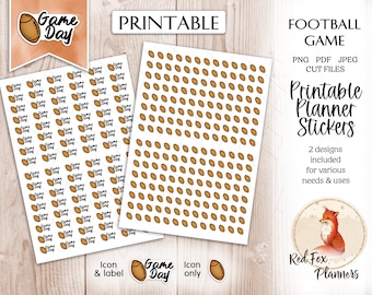 May include: Printable planner stickers featuring two designs: one with the text "Game Day" and a football icon, and the other with just a football icon. The stickers are on a white background and are available in PNG, PDF, and JPEG formats.