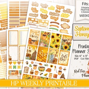 SEPTEMBER HONEYBEE Happy Planner (HP) Wekelijks Afdrukbare Planner Stickers, honingpotkam, bijenkorf hommel, zonnebloem, druipende honingkam