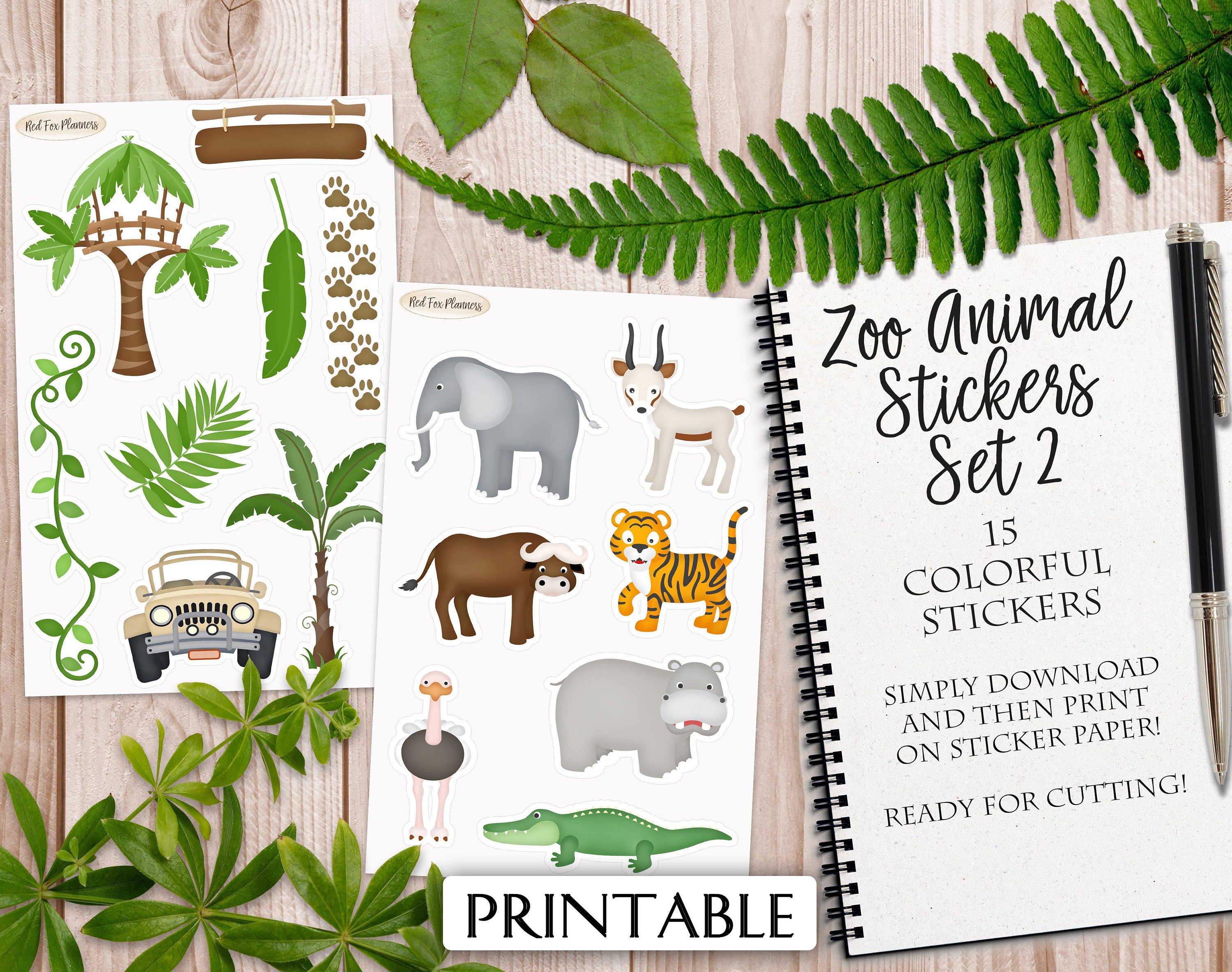 zoo animal stickers set 2 15 digital printable stickers etsy