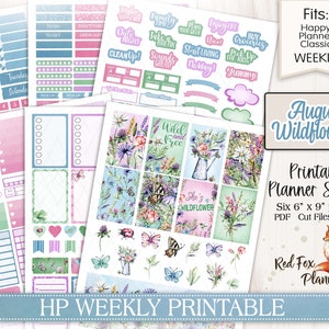 May include: Printable planner stickers featuring a watercolor floral theme with butterflies and the text "August Wildflowers". The stickers are designed for use with the Happy Planner Classic Weekly system.