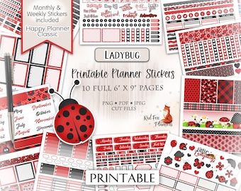 LADYBUG Happy Planner Kit de adesivos para planejador para impressão, joaninhas, joaninhas, insetos, insetos, primavera, primavera, natureza, piquenique, vermelho e preto