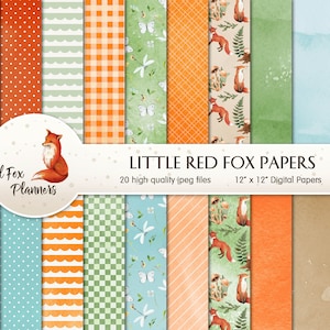 LITTLE RED FOX Digital Paper Pack, 20 Quantity, nature, natural, woodland, foxes, wood stump, leaves, foliage, aquarel, outdoor butterfly