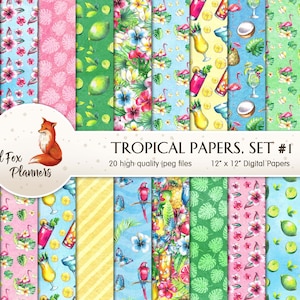 TROPICAL Set #1 Digital Paper Pack, 20 Cantidad, playa de verano, isla tropical, loro, guacamayo, flamenco rosa, bebida de cóctel de la isla, vacaciones