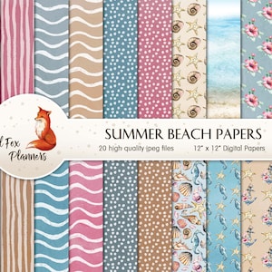 SUMMER BEACH Digital Paper Pack, 20 Cantidad, náutica, océano, arena, playa, olas, mar, conchas marinas, conchas, coral, ancla, bola de playa, loción