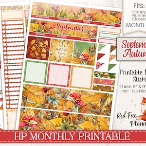 September Autumn Happy Planner (HP) Monthly Printable Planner Stickers, nature, leaves, autumn, fall sunflower, maple leaf, pumpkin harvest