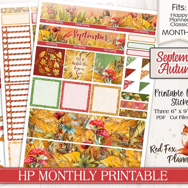 September Autumn Happy Planner (HP) Monthly Printable Planner Stickers, nature, leaves, autumn, fall sunflower, maple leaf, pumpkin harvest