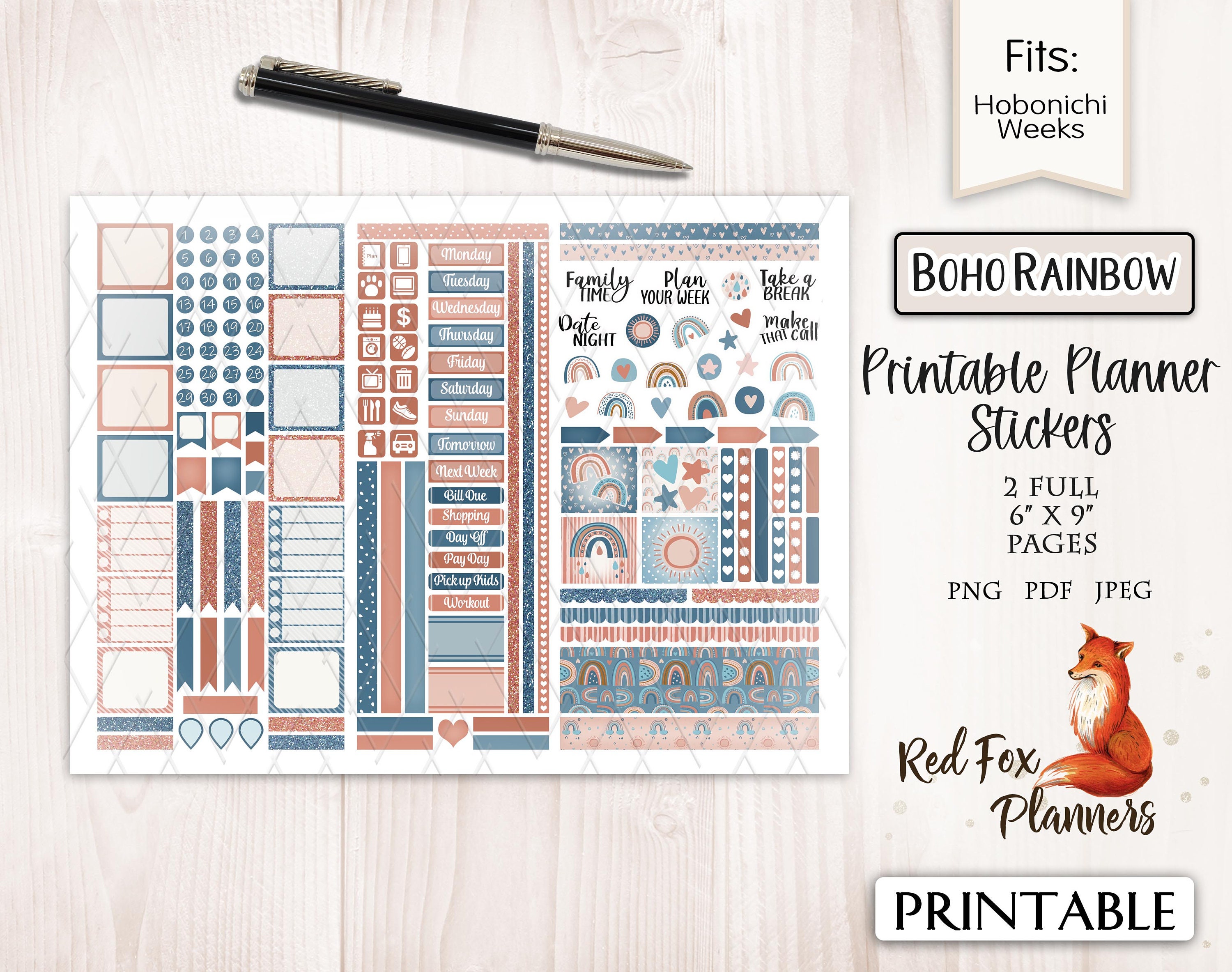 BOHO RAINBOW Hobonichi Weeks Printable Planner Sticker Kit, Natural ...