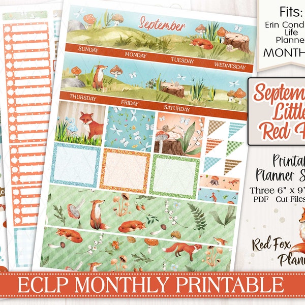 September Little Red Fox Erin Condren (ECLP) Monthly Printable Planner Stickers, nature, leaves, autumn, fall, woodland animals, butterfly