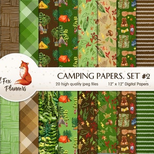 CAMPING Set #2 Digital Paper Pack, 20 Quantità, all'aperto, bosco, pini, tenda, ascia, trekking, natura, plaid di bufalo, caccia, campeggio