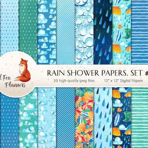 RAIN SHOWERS Set #1 Digital Paper Pack, 20 Quantité, eau, flaques d’eau, gouttes de pluie, bottes de pluie, parapluie, pluie printanière, nuages, ciel nuageux