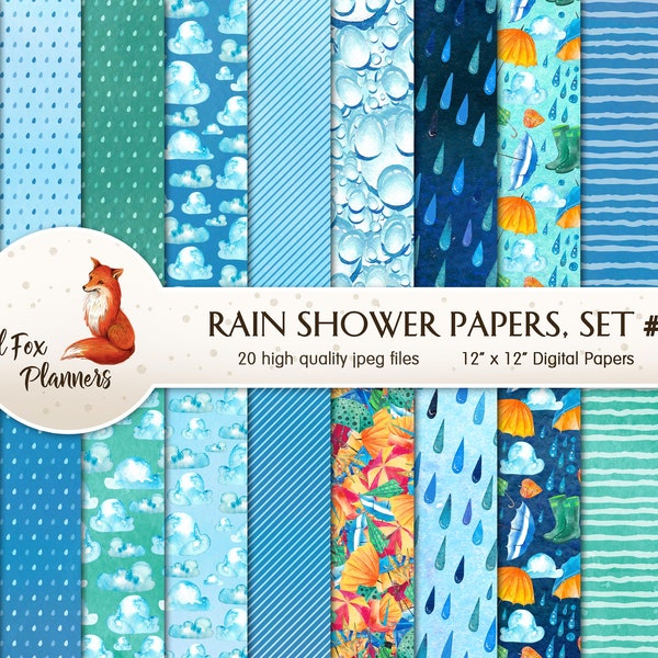 RAIN SHOWERS Set #1 Digital Paper Pack, 20 Quantity, water, puddles, rain drops, rain boots, umbrella, spring rain, clouds, cloudy sky