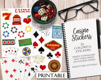 CASINO Stickers, 26 digitale afdrukbare stickers, instant download, planner dagboek stationair, sticker, gelukkige zeven 7, roulette, kaartspel