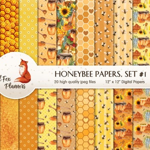 HONEYBEE Set # 1 Digitaal papierpakket, 20 Hoeveelheid, bijen, hommels, honing, honingpot, honingraat, zonnebloemen, bijenkorf, honingraat