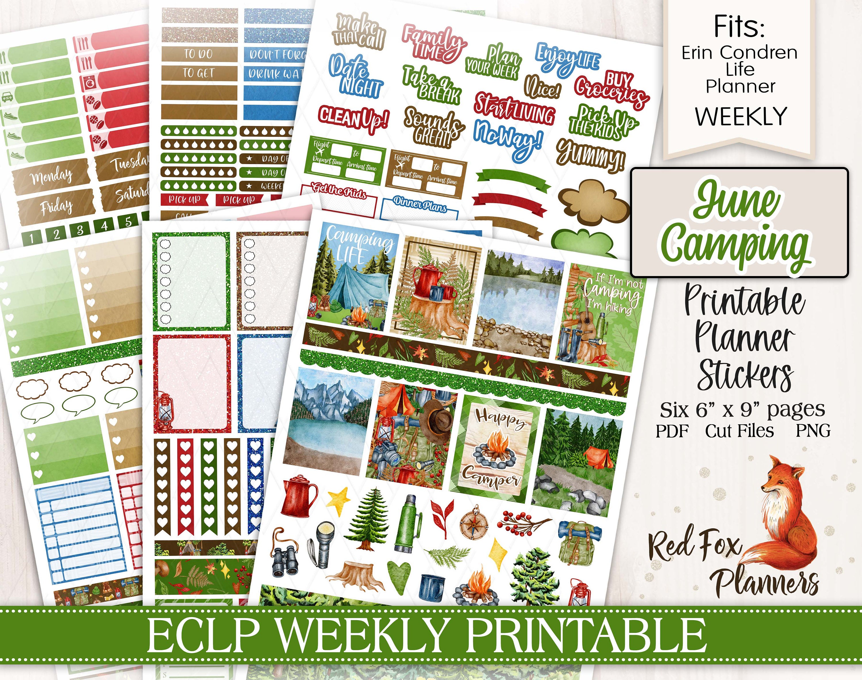June Camping Erin Condren (ECLP) Weekly Printable Planner Stickers ...