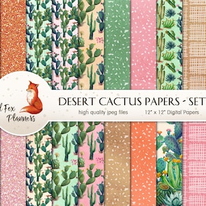 DESERT CACTUS Set #2 Digital Paper Pack, 20 Quantité, saguaro, sud-ouest, cactus oreilles de lapin, chaleur du désert, Arizona, natif, cholla
